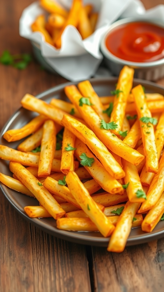 Golden crispy home fries garnished with parsley, served with dipping sauce on a rustic wooden table.